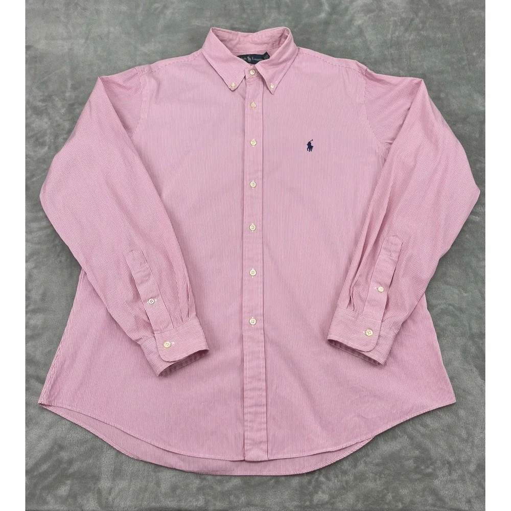 Polo Ralph Lauren Shirt Men 17/43 Pink Striped Back Pleat Button Up Long Sleeve